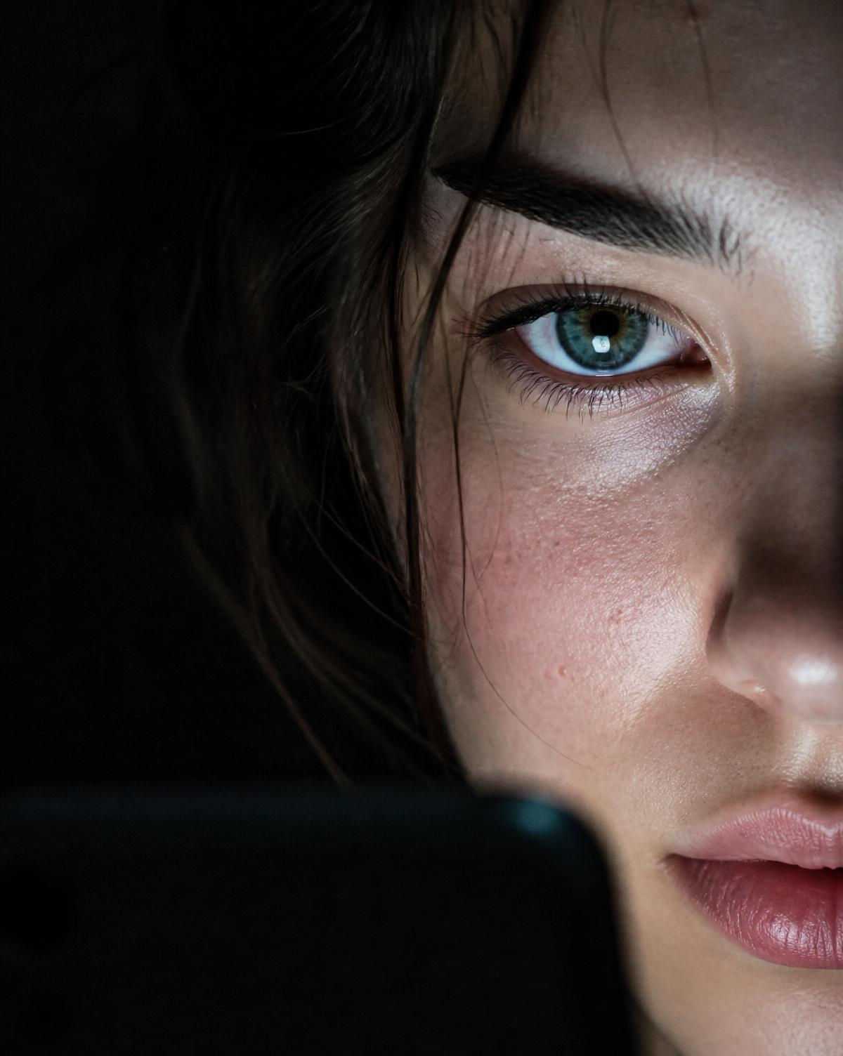 Close crop portrait lit by a phone screen